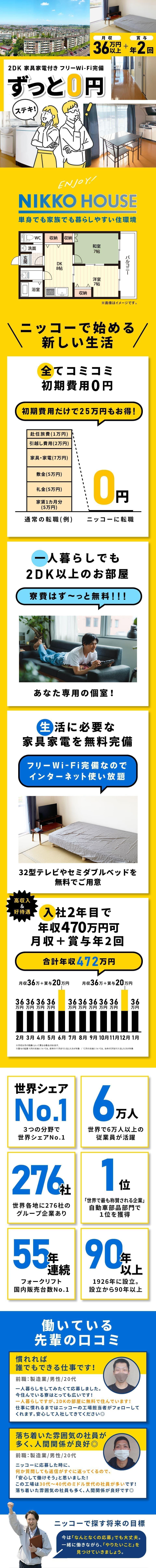 株式会社ニッコー(愛知県大府市)＼2DKがずっと寮費無料／正社員募集